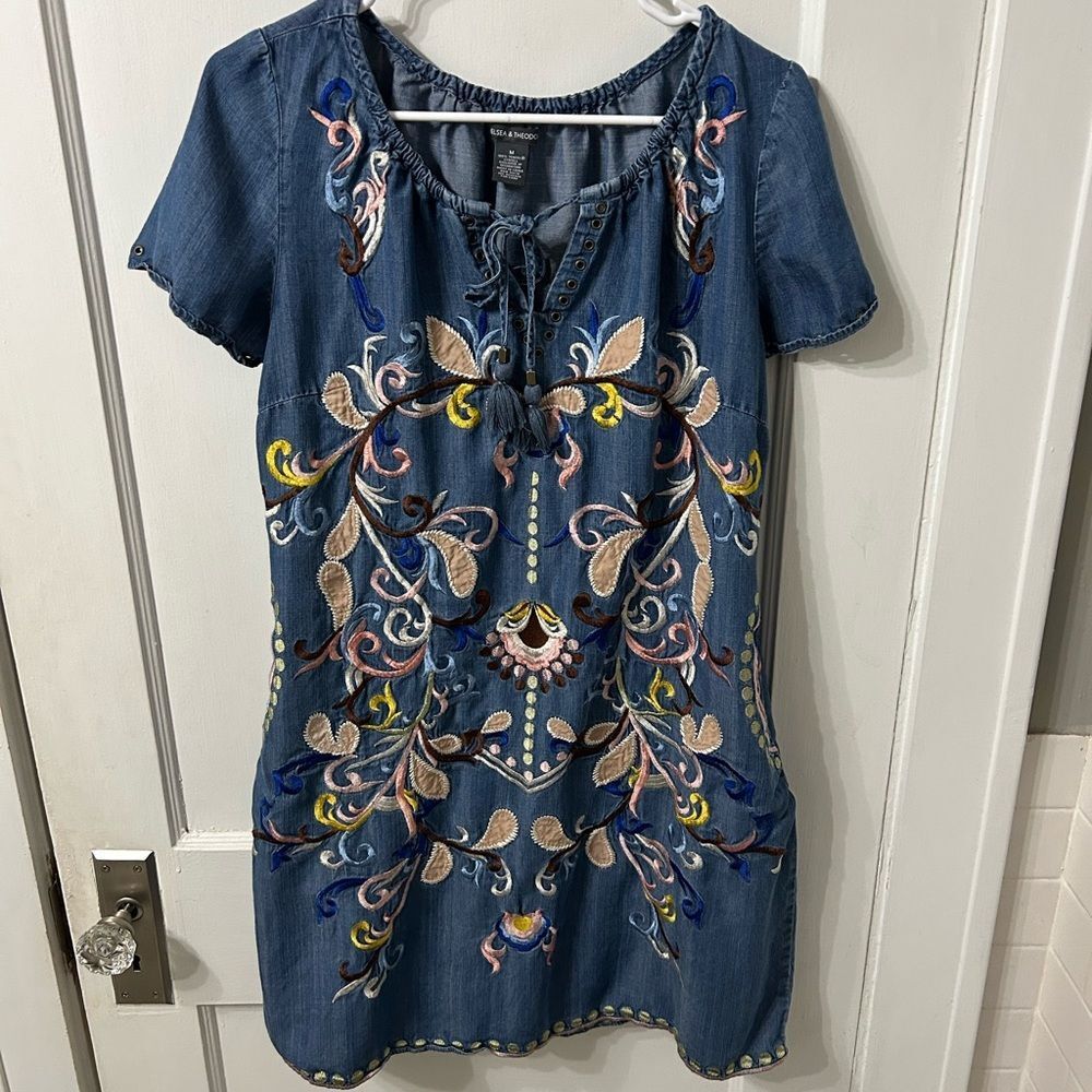 Chelsea & Theodore Denim Dress with Vibrant Embroidery